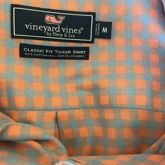 Vineyard Vines Mens Shirt‎ M Peach Blue Gingham Button Down Classic Fit Tucker - Picture 2 of 11